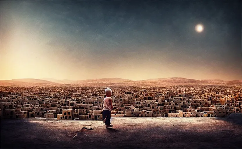 Image similar to “little boy figure lost, epic view of Hummus in Syria in destruction, evening time clear sky, sad atmosphere, ruins, heartbreaking landscape, hyperdetailed, hyperrealism, trending on artstation, award winning photograph, photorealistic, 8k, concept art, cinematographic, uhd, epic lighting”