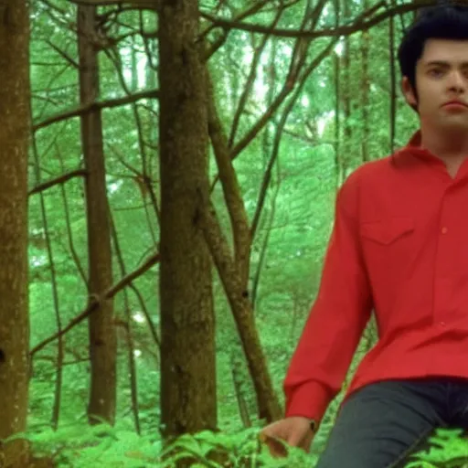 Image similar to a still of a 90s OVA of a man with black hair wearing a red shirt in a forest