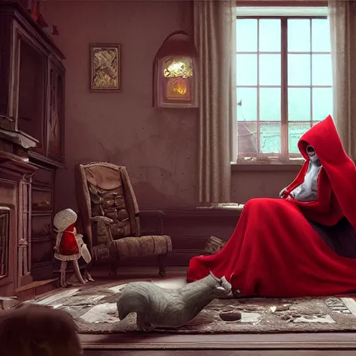 Image similar to big bad wolf and red riding hood talking in grandma’s living room, 3d scene, render, ultra realistic, zenith view, Greg Rutkowski, artstation, cgsociety, unreal engine, 3d scene, render, ultra realistic