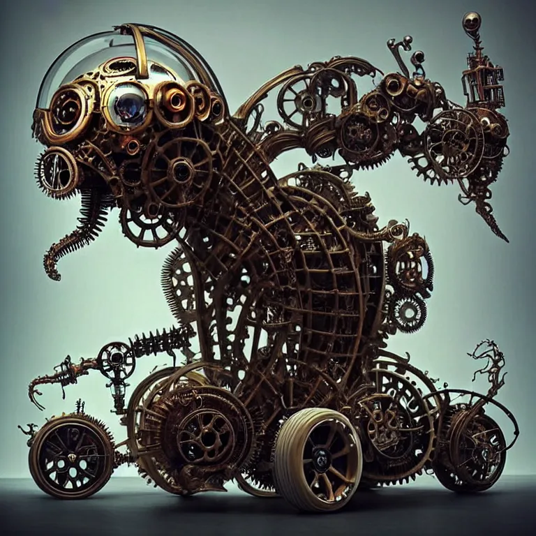 Image similar to biomechanical steampunk vehicle reminiscent of fast sportscar with robotic parts and (glowing) lights parked in ancient lush palace, gothic and baroque, brutalist architecture, ultradetailed, creepy ambiance, fog, artgerm, giger, Intricate by Ellen Jewett and Josan Gonzalez and Giuseppe Arcimboldo