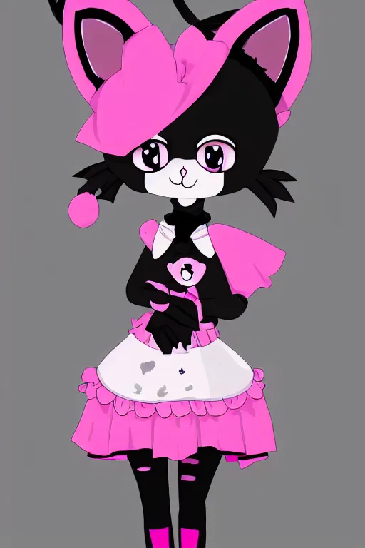 Image similar to Anime anthro cat with black fur, pink hair, and pink eyes in Gothic Lolita maid costume wearing small top hat in the style of Artstation