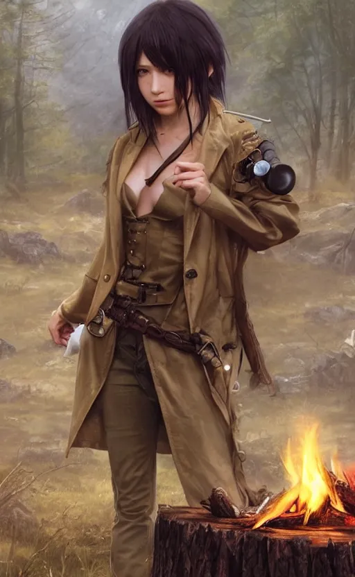 Image similar to a girl from final fantasy live action, with short black hair and green eyes in a tan trenchcoat sitting on a log and drinking tea by the campfire by her steampunk motorcycle at night under the stars, evocative, mystical night, very very very very detailed, award winning, masterpiece digital painting by greg rutkowski, alex grey, artstation, 4 k wallpaper