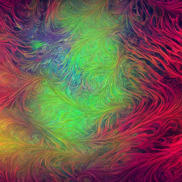 Image similar to an highly detailed irregular warped fractal of feathers by Emek Golan, background of outer space neon nebulas by Pilar Gogar, 8k hdr octane render