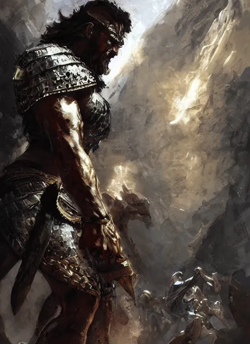 Image similar to ancient historically accurate depiction of the Bible Character Goliath of Gath, the Philistine warrior giant in ancient persian chainmail armor, dramatic lighting art by Yoji Shinkawa by Richard Schmid by greg rutkowski by Sandra Chevrier by Jeremy Lipking cinematic dramatic