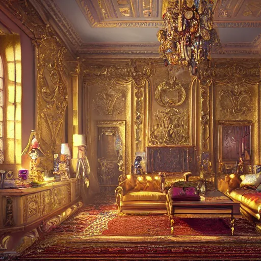 Image similar to Ornate Room full of treasures Golden Coins Heirlooms Paintings Jewels Gemstones Jewelry Magical Sparkling Diamonds Riches Fantasy Hyper detailed digital matte painting, concept art, hyperrealism, Cinema 4D, 8k resolution, 64 megapixels, coherent, bokeh, CGSociety, ZBrush Central, behance HD, hypermaximalist, a masterpiece, 4K