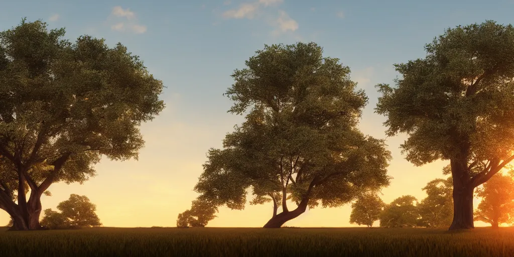 Image similar to gigantic oak tree. sunset landscape. hd. photorealistic. 8 k. octane render.