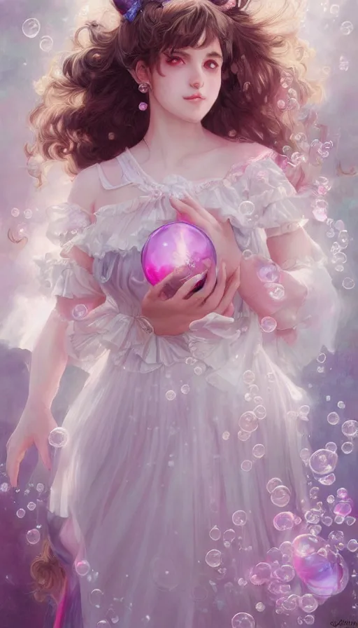 Prompt: portrait of magical lolita girl, dreamy and ethereal, expressive pose, pink eyes, peaceful expression, ornate frilly dress, fantasy, intricate, elegant, many rainbow bubbles, highly detailed, digital painting, artstation, concept art, soft focus, sharp focus, illustration, art by artgerm and greg rutkowski and alphonse mucha