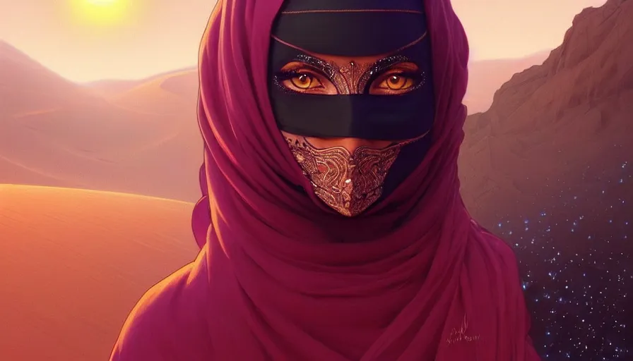 Prompt: Portrait of very very very very very very beautiful Arab woman wearing a Niqab, glowing magical eyes, energy trails, under giant full moon in the desert, intricate, elegant, highly detailed, digital painting, artstation, concept art, smooth, sharp focus, illustration, art by artgerm and greg rutkowski and alphonse mucha