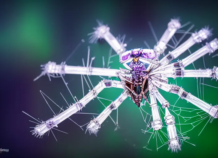 Image similar to photo of a crystal of a crystal mechanical spider in the forest. Fantasy magic style. Highly detailed 8k. Intricate. Nikon d850 55mm. Award winning photography.