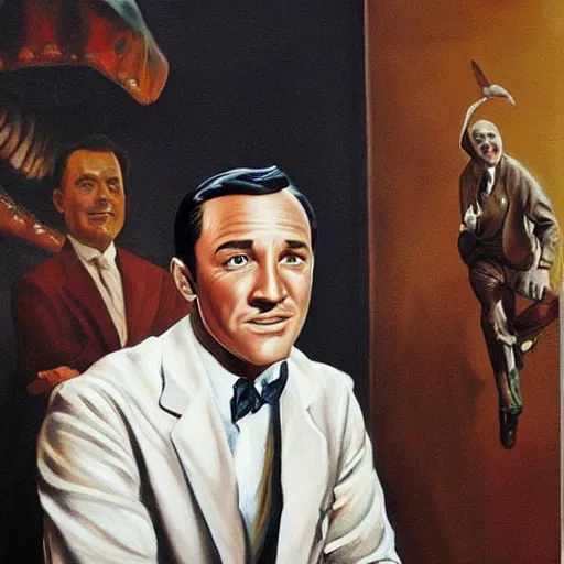 Prompt: beautiful lifelike painting of gene kelly demanding a refund on undercooked overpriced dinosaur steak in downtown dive bar bistro, hyperreal detailed facial features and uv lighting, art by osamu sato