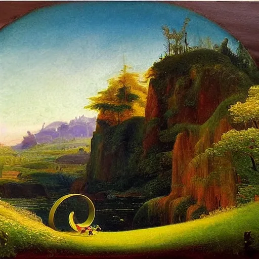 Image similar to A beautiful kinetic sculpture of a landscape. It is a stylized and colorful view of an idyllic, dreamlike world with rolling hills, peaceful looking animals, and a flowing river. The scene looks like it could be from another planet, or perhaps a fairy tale. by Caspar David Friedrich, by Charles Willson Peale lines