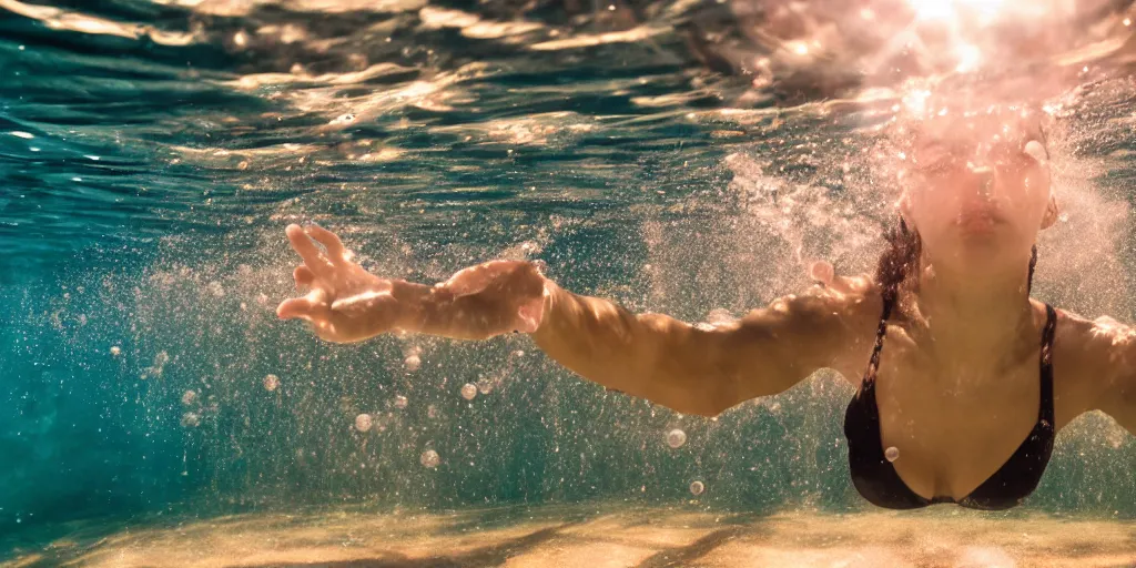 Prompt: Photography of a female black athletic skinny woman, taken under water in a pool in summer, she just jumped into water, many bubbles and rays of sun