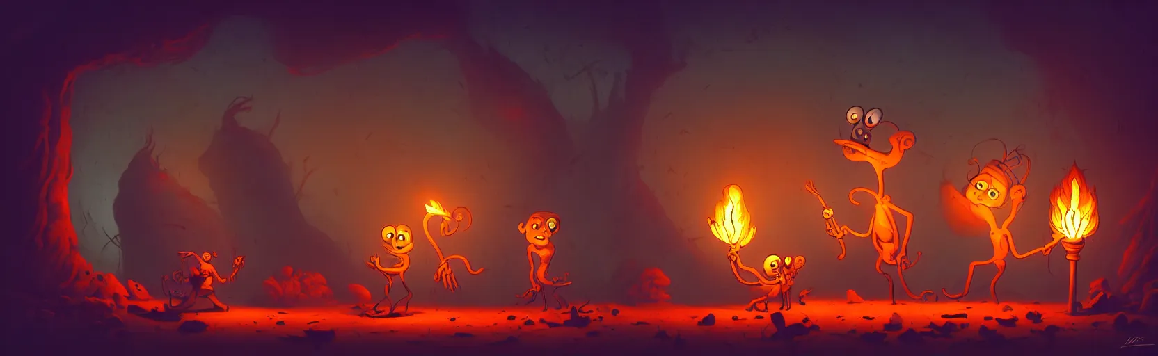 Image similar to wild whimsical mutants from the depths of a wasteland deep in the imaginal realm, dramatic lighting from fiery torches, surreal fleischer cartoon characters, shallow dof, surreal painting by ronny khalil