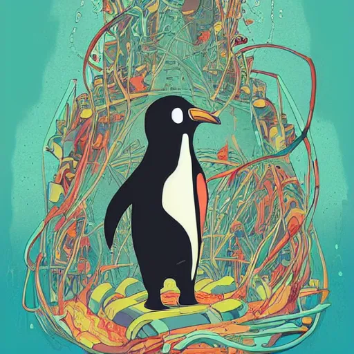 Prompt: anthropomorphic emperor penguin with a human characteristics rules the world from a throne of bones, digital art, fantasy, explosion of color, no cropping, highly detailed, in the style of jake parker, in the style of conrad roset, swirly vibrant colors, sharp focus