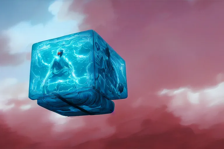 Prompt: a translucent luminous cube in a red sea under a teal cloudy sky by magritte and yoji shinkawa, hyper detailed, masterpiece 4 k