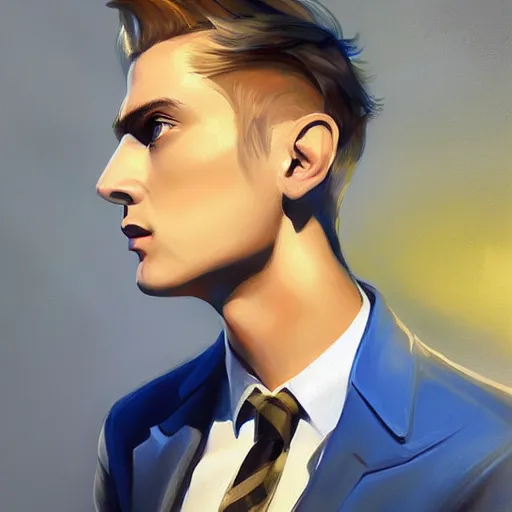 Image similar to artgerm portrait painting of a blond man in a blue suit with a sword and a pistol, asymmetrical, profile picture, organic painting, sunny day, matte painting, bold shapes, hard edges, street art, trending on artstation, by huang guangjian, gil elvgren, ruan jia, randy vargas, greg rutkowski