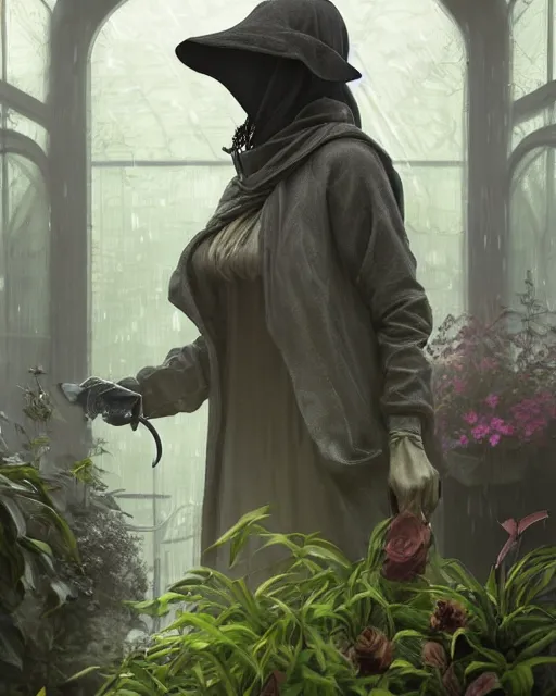 Prompt: portrait of a female plague doctor in a botanical greenhouse, heavy rain outside, wind, thunder, reflections, deep focus, d & d, fantasy, intricate, elegant, highly detailed, digital painting, artstation, concept art, matte, sharp focus, illustration, hearthstone, art by artgerm and greg rutkowski and alphonse mucha