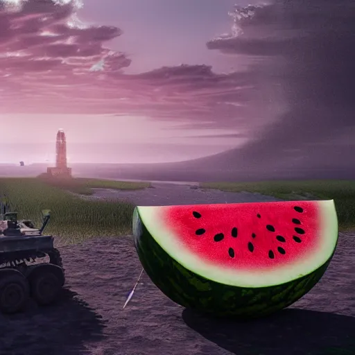 Prompt: Very very very very highly detailed Watermelon as military vehicle with epic weapons, on a battlefield in russian city as background. Photorealistic Concept 3D digital art in style of Caspar David Friedrich, super rendered in Octane Render, epic RTX dimensional light