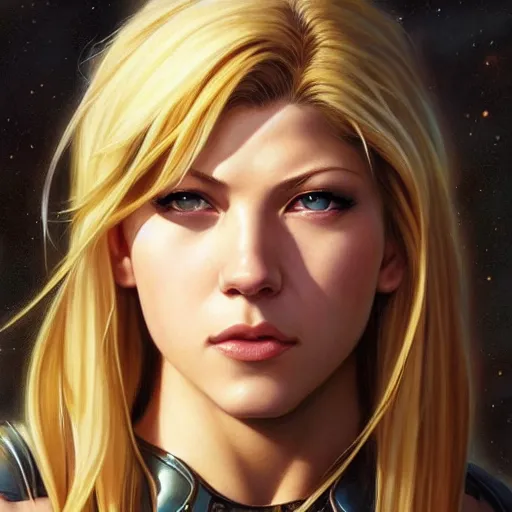 Prompt: beautiful Katheryn Winnick as Samus Aran, western, closeup, D&D, fantasy, intricate, elegant, highly detailed, digital painting, artstation, concept art, matte, sharp focus, illustration, art by Artgerm and Greg Rutkowski and Alphonse Mucha