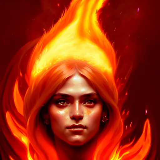 Image similar to a beautiful portrait of a fire goddess, flaming background, a detailed painting by greg rutkowski and raymond swanland, featured on cgsociety, fantasy art, detailed painting, artstation hd, photorealistic