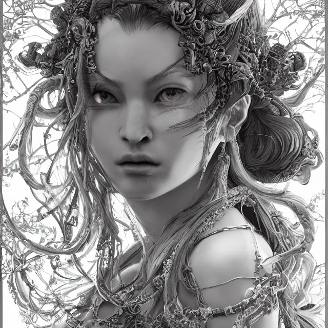 Image similar to the detailed face portrait of chaotic good female druid alchemist as absurdly beautiful, gorgeous, elegant, young gravure idol, an ultrafine hyperdetailed illustration by kim jung gi, irakli nadar, intricate linework, sharp focus, bright colors, octopath traveler, final fantasy, unreal engine 5 highly rendered, global illumination, radiant light, detailed and intricate environment