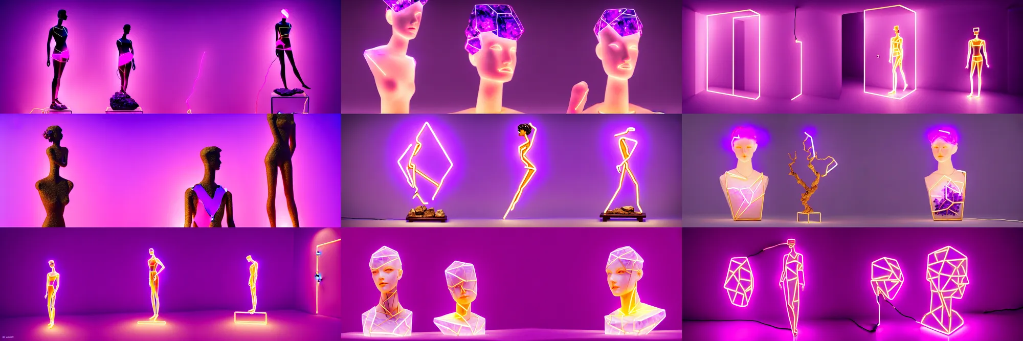 Prompt: beautiful mannequin sculpted out of amethyst by billelis + lit with geometric neon + kintsugi, facing a doorway opening with neon pink geometric light + gold geometric cubed bonsai trees, clean linework, dramatic, finely detailed, rule of thirds, moody, award winning, 4 k, trending on artstation, photorealistic, volumetric lighting, octane render