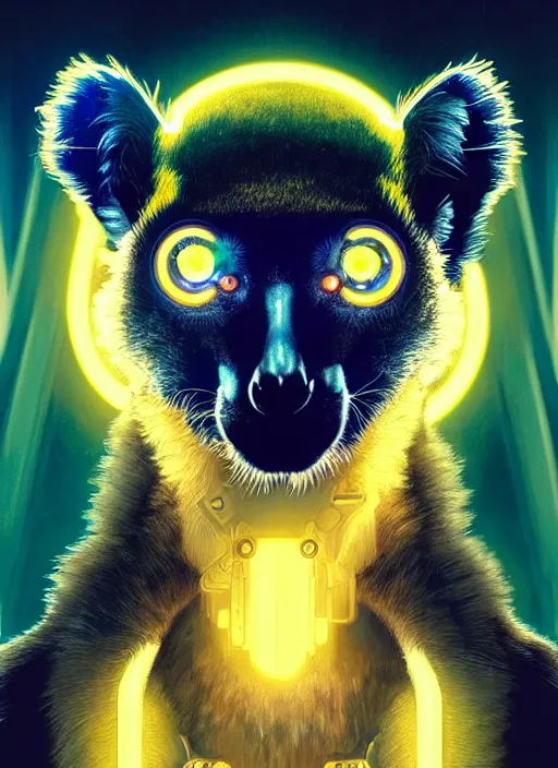 Image similar to symmetry!! portrait of a lemur, sci - fi, tech wear, blue and yellow glowing lights!! intricate, elegant, highly detailed, digital painting, artstation, concept art, smooth, sharp focus, illustration, art by artgerm and greg rutkowski and alphonse mucha