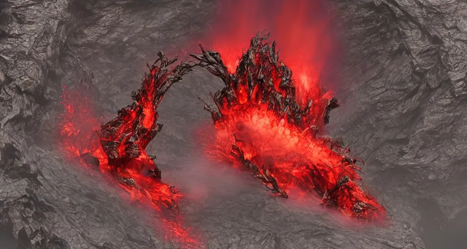 Prompt: a volcano made of ivory vines and crimson rocks enters in eruption, it spits a smoke in the shape of demonic eye, from Lineage 2