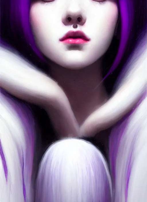 Image similar to portrait of teenage girl with white bangs, red irises, bangs, black and white hair, purple clothes, white bangs, two color hair, black hair and white bangs, intricate, elegant, glowing lights, highly detailed, digital painting, artstation, concept art, smooth, sharp focus, illustration, art by wlop, mars ravelo and greg rutkowski