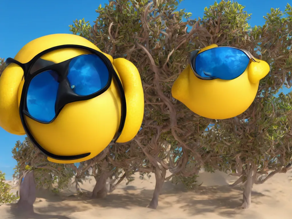 Prompt: a portrait of a pixar - style lemon wearing sunglasses on it's face, smiling, enjoying being at the beach. 8 k resolution, photo realistic, pixar style,