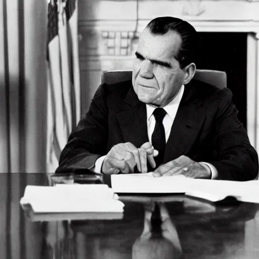 Image similar to Richard Nixon drunk in the oval office, photo