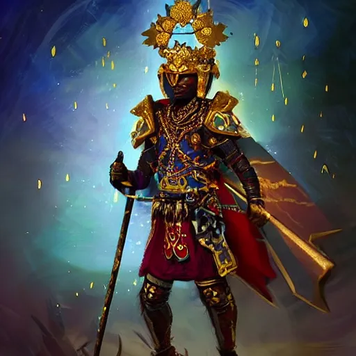 Image similar to a young black boy dressed like an african moorish warrior in gold armor and a crown with a ruby, posing with a very ornate glowing electric spear!!!!, in a thunderstorm, for honor character digital illustration portrait design, by android jones in a psychedelic fantasy style, dramatic lighting, hero pose, wide angle dynamic portrait