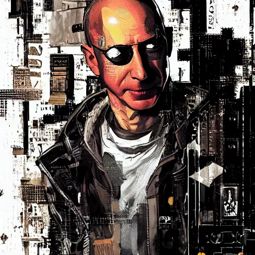 Prompt: highly detailed portrait of a stunning post-cyberpunk gangster overlord Jeff Bezos ((Jeff Bezos)) (((Jeff Bezos))) by Dustin Nguyen, Akihiko Yoshida, Greg Tocchini, Greg Rutkowski, Cliff Chiang, 4k resolution, persona 5 inspired, vibrant brown, white and black color scheme with stray wiring!! dark alley background