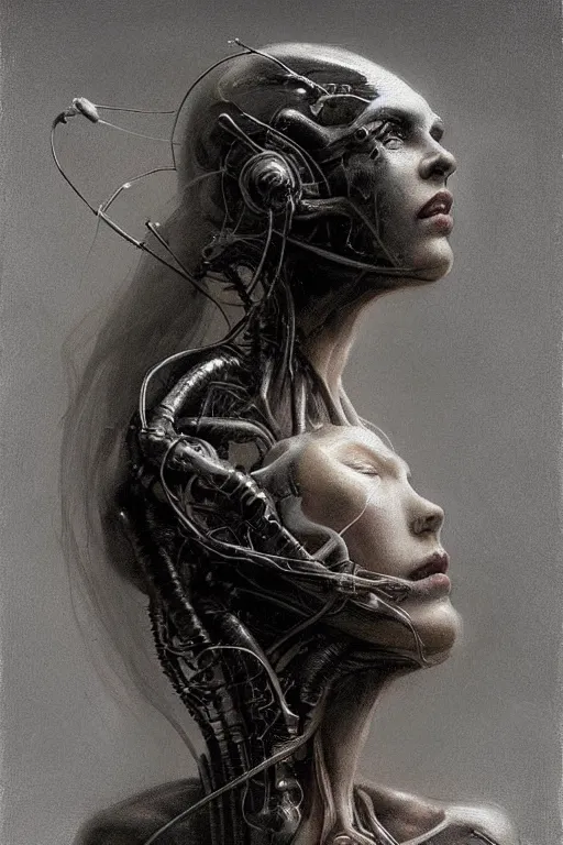 Prompt: surreal painting of a woman by Greg Rutkowski and H.R Giger, Vincent Di Fate, cyborg of old age, hair as wires, haunting appearance, pale as marble, biomechanical and intricate, empty expression, frightening, space horror, fascinating, highly detailed portrait, digital painting, artstation, concept art, smooth, sharp focus illustration, duo tone, HQ.