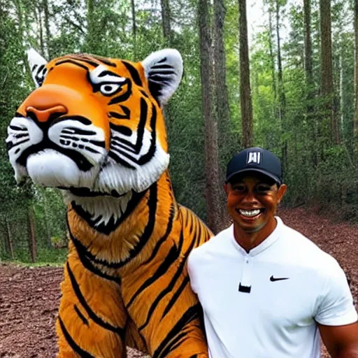 Prompt: tiger woods riding a tiger in the woods