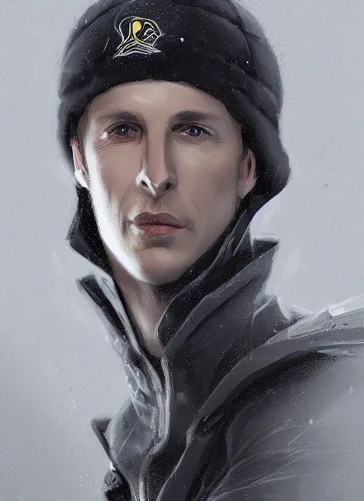 Prompt: patrick fabian wearing a black supreme puffer jacket and a beanie, elegant, digital painting, concept art, smooth, sharp focus, illustration, from starcraft by ruan jia and mandy jurgens and artgerm and william - adolphe bouguerea