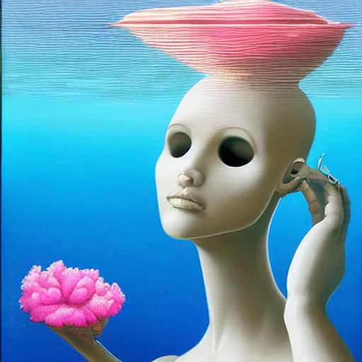 Image similar to RHADS, award winning masterpiece with incredible details, RHADS, a surreal vaporwave vaporwave vaporwave vaporwave vaporwave painting by RHADS of an old pink mannequin head with flowers growing out, sinking underwater, highly detailed RHADS
