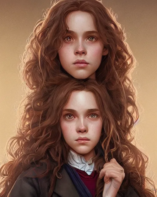 Image similar to ultra realistic illustration, hermione granger from the chamber of secrets, intricate, elegant, highly detailed, digital painting, artstation, concept art, smooth, sharp focus, illustration, art by artgerm and greg rutkowski and alphonse mucha