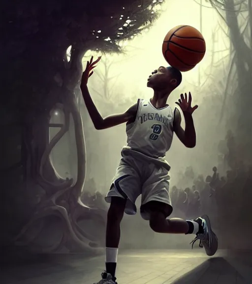 Prompt: portrait of a boy playing basketball in a basketball court, intense emotion, intricate, elegant, highly detailed, centered, digital painting, artstation, concept art, smooth, sharp focus, illustration, by Peter Mohrbacher, WLOP