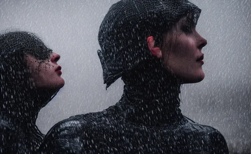 Image similar to cinestill 5 0 d candid photographic portrait by christopher nolan of two loving female androids wearing rugged black mesh techwear in treacherous waters, extreme closeup, modern cyberpunk moody emotional cinematic, pouring rain, 8 k, hd, high resolution, 3 5 mm, f / 3 2, ultra realistic faces, ex machina