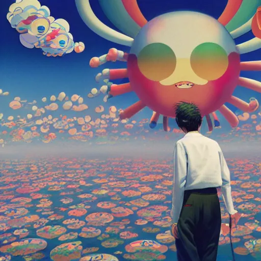 Image similar to a man walking on clouds away from the camera above kyoto by takashi murakami, beeple and james jean, aya takano color style, 4 k, super detailed, modern, 4 k, symmetrical