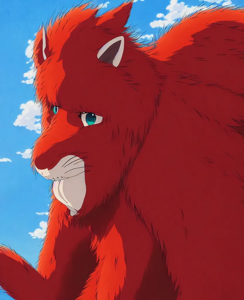 Image similar to beautiful painting from the anime film by studio ghibli, red anthropomorphic furry horse human hybrid, drooling, fur, trending on artstation