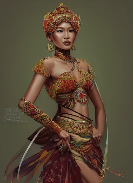 Image similar to portrait of an indonesian supermodels wearing traditional costume, highly detailed, digital painting, artstation, concept art, sharp focus, illustration