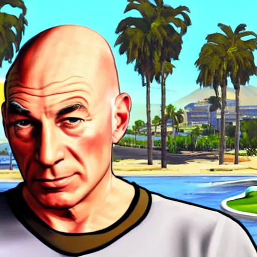 Image similar to Captain Jean Luc Picard in GTA V. Los Santos in the background, palm trees. In the art style of Stephen Bliss.