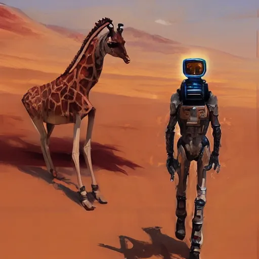 Image similar to a half robot giraffe walking on mars, trending on artstation, art by greg manchess, guangjian, detailed digital art, artstation hd