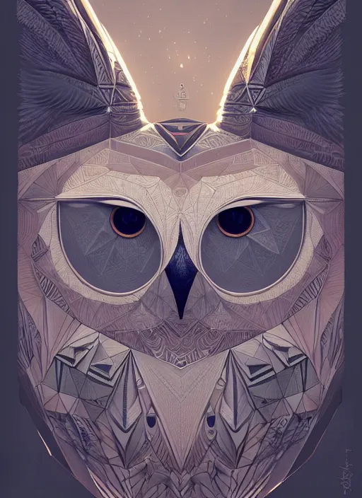 Image similar to portrait of a geometric owl, identical eyes, medium shot, illustration, full body made of white feathers, 8 k, symmetrical, art stand, super detailed, cinematic lighting, and its detailed and intricate, gorgeous, by peter mohrbacher