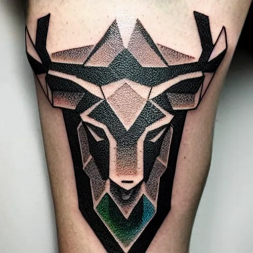 Image similar to dark geometric isometric pixel art crystaline stag head, tattoo on forearm