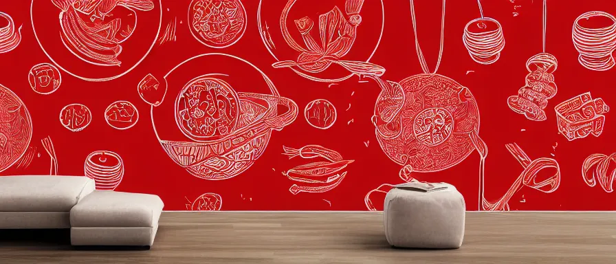 Prompt: a beautiful simple 4 k hd red wall paper illustration of roasted string hotpot, red wallpaper design, simple style, gourmet style, commercial kebab hotpot wallpaper display, wall painting, from china, with merchant logo, simple structure, surrealistic, chinese style, victo ngai, james jean, denoise, deblurring