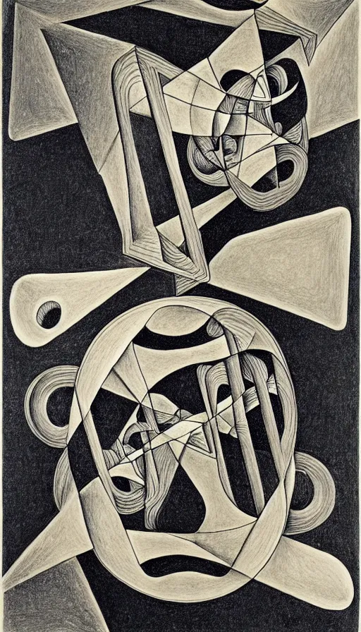 Prompt: M. C. Escher's mind drawn by M. C. Escher, gold paint, ink