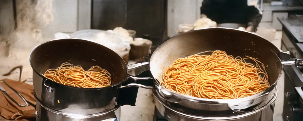 Prompt: medium shot of spaghetti being cooked in a large pot, minimal, sharply focused, canon 5 0 mm, wes anderson film, kodachrome